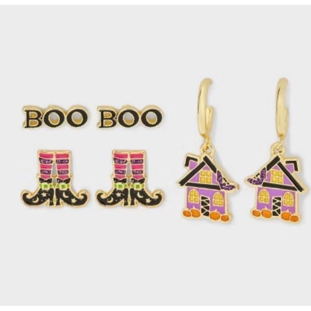 Baublebar‎ Sugarfix Halloween Witch Boots Boo Sign Haunted House Earrings Set